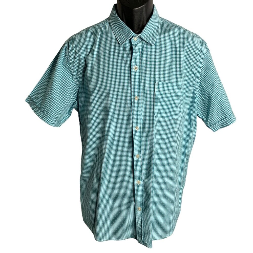 Jeanswest Button Up Short Sleeve Shirt L Blue Green Checkered Pocket Collared